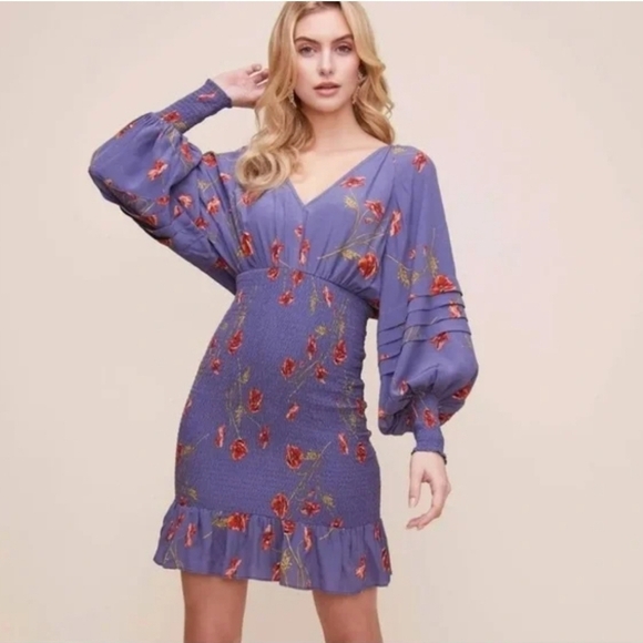 ASTR The Label Blue Floral Dress Ballon Dolman Sleeves Ruched Skirt Size S - Picture 1 of 13